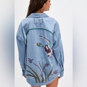 Free People Light Blue Embroidered Floral Back Shirt Jacket